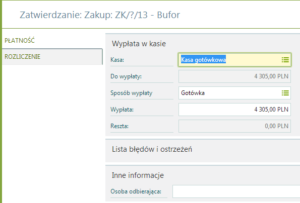 45 Po wprowadzeniu wszystkich pozycji na dokumencie formularz zatwierdzamy za pomocą klawiszy <Ctrl+Enter> lub klikając myszą na górnym menu przycisk <Zatwierdź>.