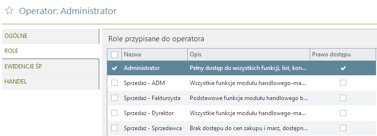 71 Samo nadanie nazwy i kodu nie wystarczy, by operator mógł się zalogować do systemu. Musi mieć jeszcze przydzielone uprawnienia do modułów oraz w zakresie modułów nadane prawa do określonych danych.