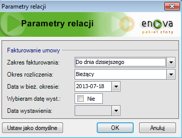 Fakturowanie Umowy połączono relacją ze standardową fakturą FV. Generowanie faktur odbywa się z menu Relacji dla zaznaczonych umów.