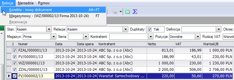 Korygowanie faktur, zwrot towaru Korekta faktury sprzedaży Wystawianie faktur korygujących sprzedaży odbywa się w tym samym miejscu programu, gdzie wystawiamy faktury sprzedaży.