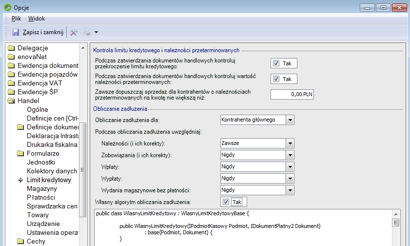 Sposób obliczania zadłużenia Na zakładce Handel Limit kredytowy okna konfiguracji dostępna jest sekcja Obliczanie zadłużenia, w której można ustawić parametry wpływające na sposób obliczania