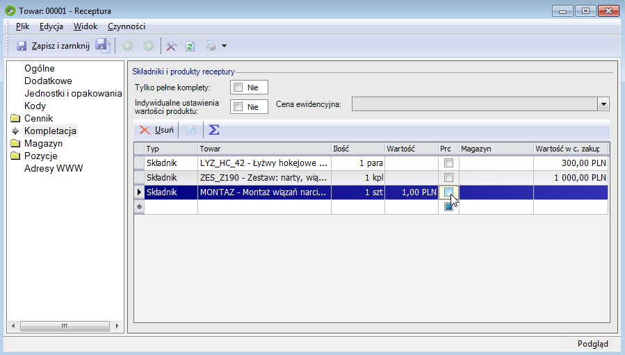 Za zmianę sposobu wyliczania kosztów przyjęcia produktu odpowiadają dwa parametry na kartotece towarowej, na zakładce Kompletacja: Indywidualne ustawienia wartości produktu - jeżeli pole jest