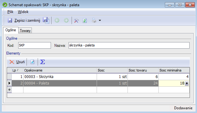 Rys. 130 Formularz edycji schematu opakowania zakładka ogólne Na liście elementów (opakowań) widoczne są kolumny: Ilość towaru ilość towaru wypełniająca całkowicie opakowanie Ilość minimalna ilość