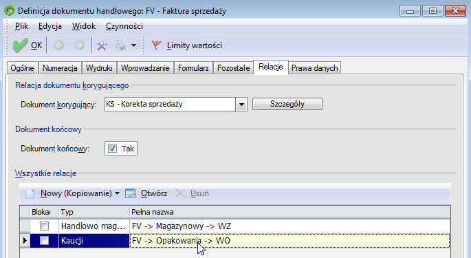 związane dokumenty kaucji, których pozycje są widoczne na zakładce Opakowania okna wystawianego dokumentu. Dzieje się tak wtedy, gdy w definicji dokumentu określono dokumenty w relacji kaucji.
