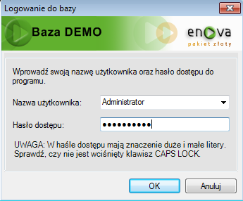 Rys. 2 Logowanie do bazy danych Po wybraniu operatora i wprowadzeniu jego hasła zapis akceptujemy klawiszem <Enter> lub przyciskiem OK.