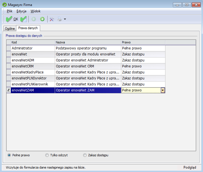 Rys. 190 Przykład nadania uprawnień operatorowi Administrator do magazynu Firma Po dokonaniu właściwych wyborów zamykamy formularz przyciskiem OK lub klawiszami <Ctrl+Enter> i to samo robimy z całym