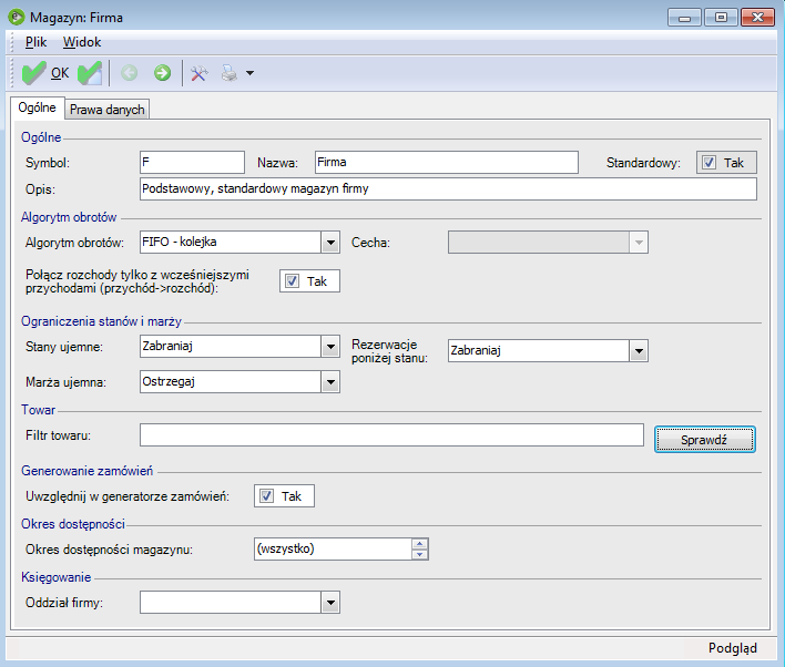 Magazyny System enova po założeniu bazy danych oferuje dostęp do jednego magazynu o nazwie Firma. Ustawienia parametrów pracy tego magazynu są następujące: Parametry: Rys.
