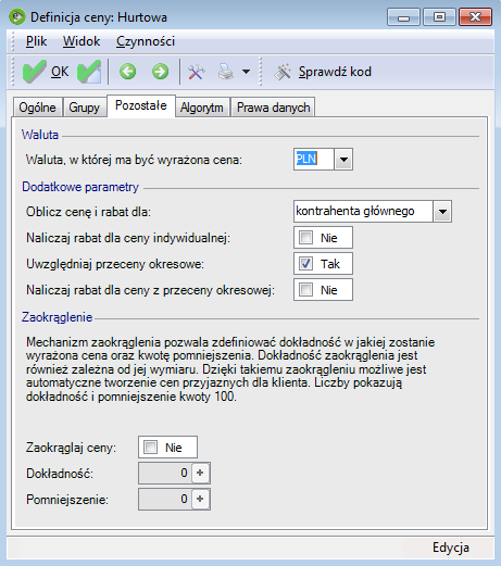 Rys. 227 Zakładka Pozostałe okna definicji ceny Zakładka Pozostałe zawiera 3 sekcje: Sekcja Waluta Waluta określa, w jakiej walucie jest zapisywana cena na karcie towaru lub dokumencie.