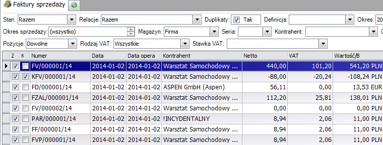 Sortowanie list Rys. 11 Wywołanie Organizatora dla listy pozycji dokumentu Każda lista jest sortowana zgodnie ze standardem producenta (np. lista faktur sortowana jest wg kolumny Data). Rys. 12 Lista sortowana wg dnia wystawienia dokumentu Zmianę sortowania uzyskujemy poprzez kliknięcie w nagłówek odpowiedniej kolumny.