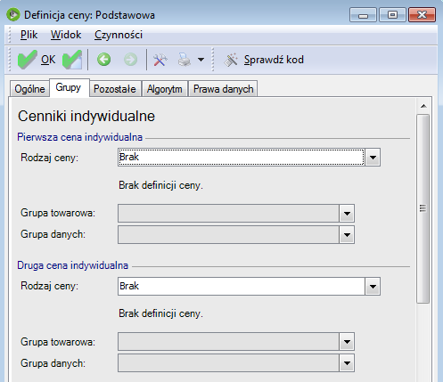 Sekcja: Cena indywidualna. Rys. 228 Zakładka Grupy okna definicji ceny Występują w niej 3 parametry: Rodzaj ceny, Grupa towarowa i Grupa danych.
