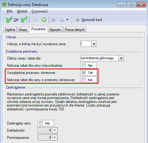 Aby przecena okresowa była stosowana, należy przed zapisem zaznaczyć opcję Łączenie przecen okresowych z innymi rabatami Jeśli chcemy, aby przeceny okresowe łączyły się z rabatami indywidualnymi,