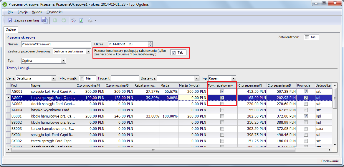 Rys. 231 Zaznaczenie powyższych opcji w oknie przeceny okresowej powoduje łączenie rabatów dla poszczególnych towarów na dokumentach końcowych.