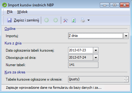 Rys. 246 Import kursów średnich NBP Można też importować kursy historyczne za dłuższy okres czasu, w tym celu należy w polu importuj wybrać Za okres oraz ustawić odpowiedni zakres dat w polu Tabele