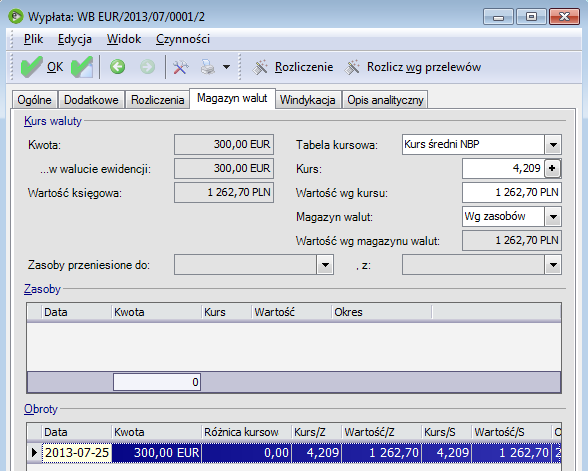 Rys. 249 Ewidencjonowanie wypłaty w walucie obcej Na każdej operacji Wypłaty na zakładce Magazyn walut tworzą się obroty magazynu walut. Rys.