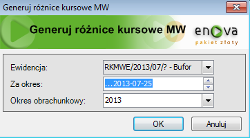 Naliczanie różnic kursowych magazynu walut Będąc w ewidencji dokumentów wybieramy nowy rodzaj dokumentu Różnice kursowe MW.