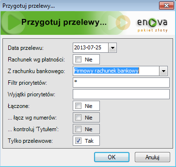 Po uruchomieniu opcji Przygotuj przelewy pojawi się formularz, na którym, należy uzupełnić pola: Rys.