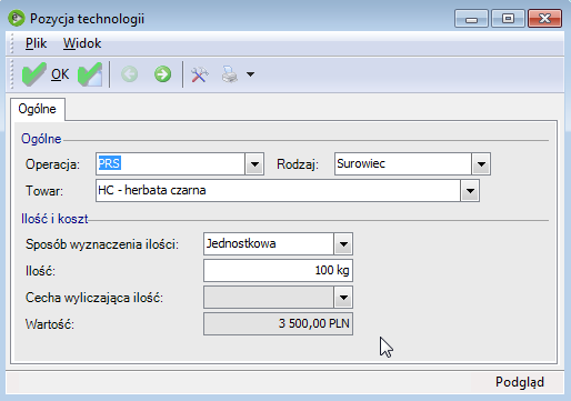 Stałą, czyli niezależną od ilości produktu. Zmiana ilości produktu w zleceniu nie wpłynie na ilość surowca (wartość kosztu).