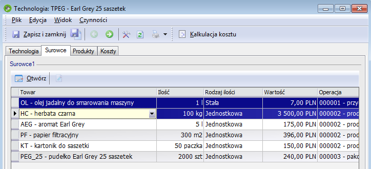 Na zakładce Ogólne okna technologii prezentowane są 2 listy. Górna zawiera operacje, dolna listę surowców/produktów/kosztów związanych z operacją wskazaną na górnej liście.