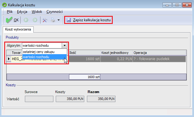 Rys. 269 Opcje kalkulacji kosztu wykonywanej dla zlecenia Zapisany w zleceniu koszt wytworzenia można wykorzystać podczas tworzenia dokumentów przyjęcia produktów, jeśli mają one być przyjmowane wg