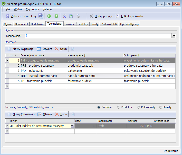 Zakładki Surowce, Produkty, Koszty są widoczne po wybraniu technologii. Pozycjami zlecenia produkcyjnego mogą być wyłącznie produkty.