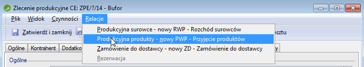 Rozchód surowców i przyjęcie produktów Ze zlecenia produkcyjnego można generować dokumenty rozchodu surowców (RWP) i przyjęcia produktów (PWP).