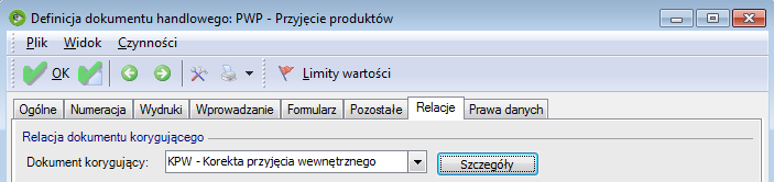 Rys. 282 Czynność Korekta wartości przyjęcia Aby skorzystać z tej funkcjonalności, należy w konfiguracji odblokować korektę do PW (KPW), a następnie przypisać ją jako korektę w definicji PWP. Rys.