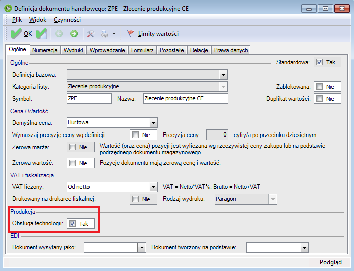 Konfiguracja Definicja dokumentu Funkcjonalność zlecenia produkcyjnego polegającą na obsłudze technologii i jej powiązaniu z pozycjami dokumentu uzyskujemy włączając parametr definicji dokumentu