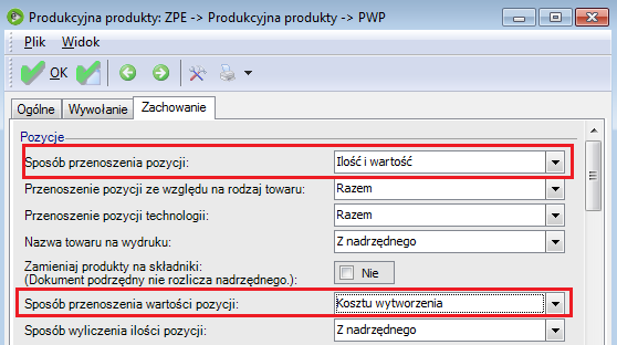 Cena rzeczywista Jeśli produkty maja być przyjmowane do magazynu według cen rzeczywistych, należy wprowadzić następujące ustawienia parametrów w definicji relacji ZP->PWP: Sposób przenoszenia ilości