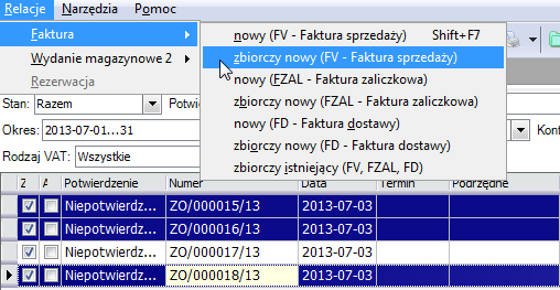 automatycznie wraz z nadrzędnym. (Czytaj rozdział: Parametry relacji między dokumentami). Przykładem takiego działania jest powiązanie dokumentu handlowego faktury FV z dokumentem magazynowym WZ.