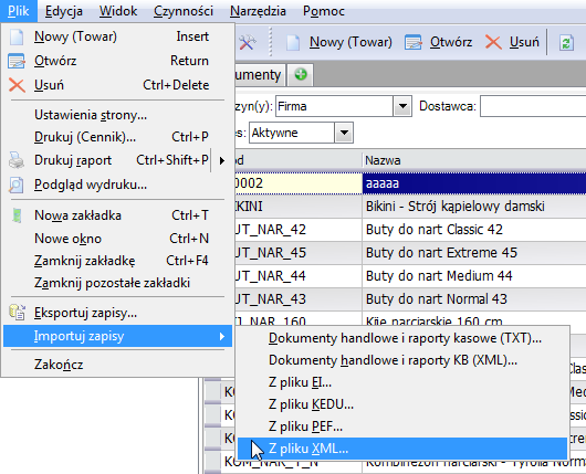 Rys. 48 Funkcja importu dokumentu w formacie XML Dokument w formacie XML może być przykładowo uzyskany z innej bazy enova poprzez funkcję w menu Czynności Narzędziowe Eksport dokumentów Do pliku.