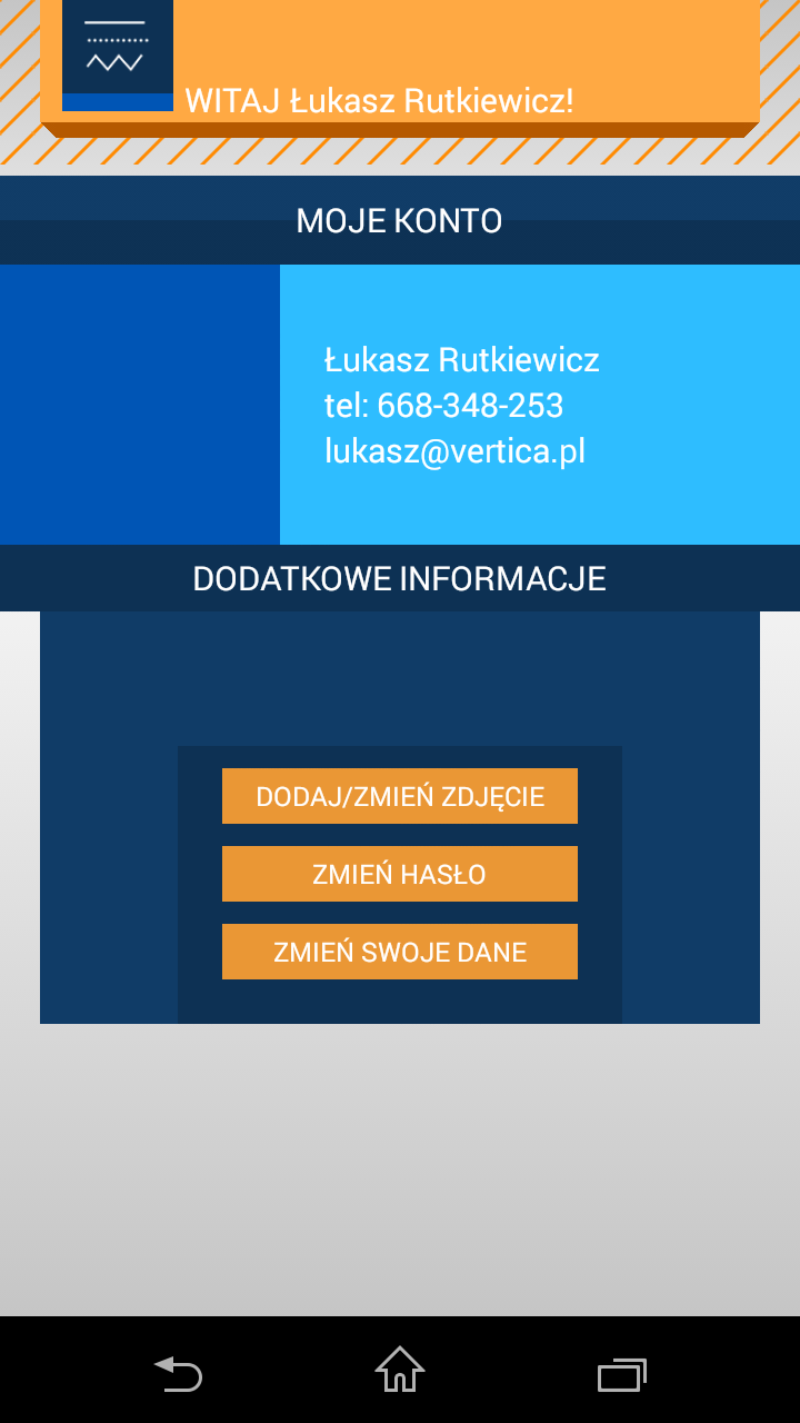 Rysunek 3 Ekran Moje konto 3.5. Wiadomości Aplikacja ma możliwość odbierania wiadomości od przesyłanych z systemu przez pracodawcę lub administratora systemu np. o nowej wersji aplikacji.