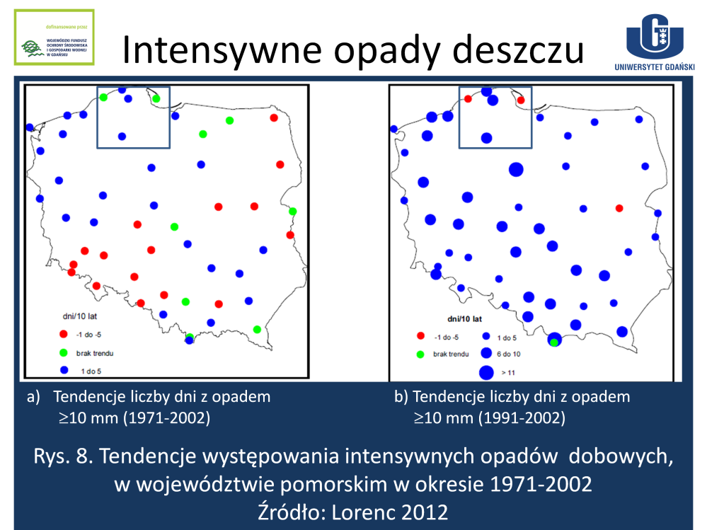 W latach 1971-2002 na stacjach w Łebie, Lęborku i Chojnicach liczba dni z opadem 10 mm wzrastała w tempie od 1 do 5 dni na 10 lat.