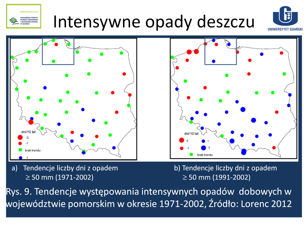 W latach 1071-2002 tylko stacja w Lęborku wykazywała trend zmian liczby dni z opadem 50 mm i był to trend ujemny, spadek liczby dni z opadem powodziowym następowal w tempie jednego dnia na 10 lat.