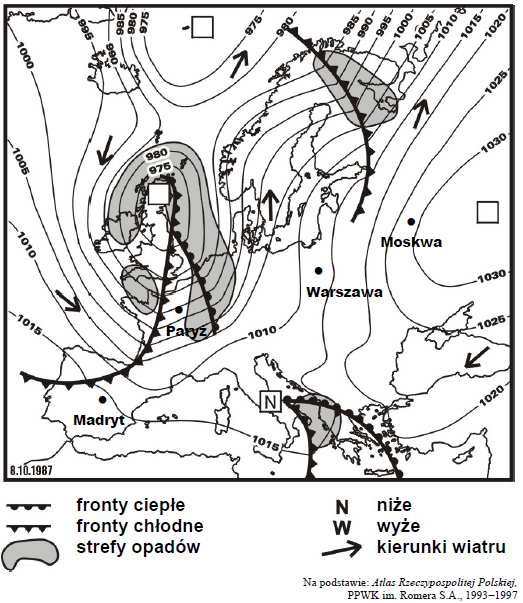 Zadanie 97. (2 pkt) Na mapie synoptycznej przedstawiono rozkład ciśnienia atmosferycznego, fronty atmosferyczne i strefy opadów w Europie w wybranym dniu.