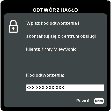 Procedura przypominania hasła 1. Naciśnij i przytrzymaj przez 3 sekundy przycisk Auto Sync (Autom. synchronizacja) na pilocie. Projektor wyświetli na ekranie zakodowany numer. 2.