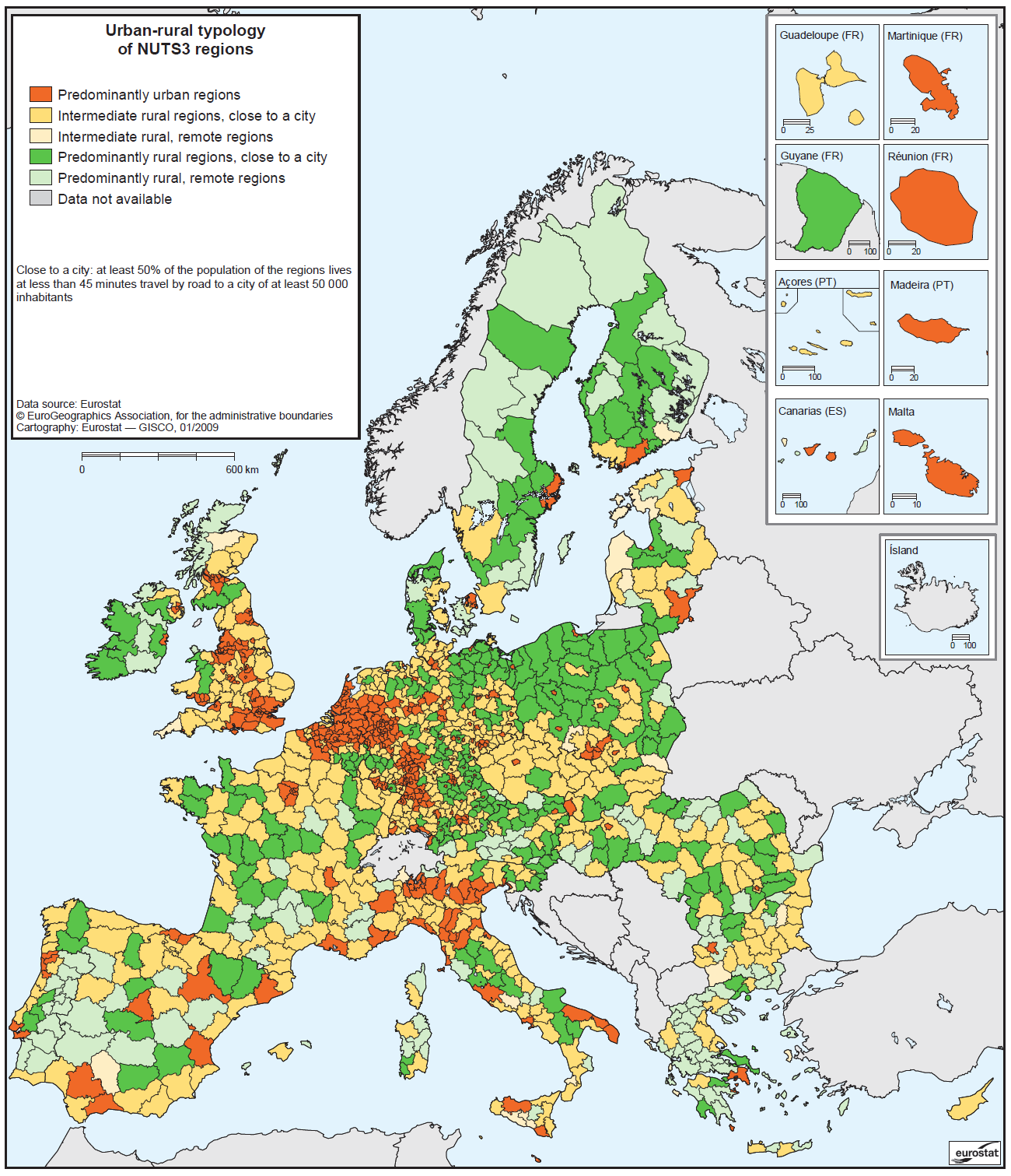 Rycina 1. Typologia regionów (wg NUTS-3) wg poziomu urbanizacji, odległości od miasta (powyżej 50 tys.