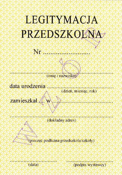 wychowania przedszkolnego. Karton. Tło żółte pantone nr 123 C. Wymiary 72 x 103 mm. Wzór opublikowany w Dz.U. z 2005r., Nr 58, poz. 504.