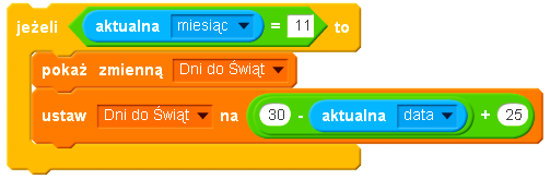 Przykładowy skrypt dla listopada Miesiąc Liczba dni w miesiącu Liczba dni do Świąt od 1. do 25.12 1. Styczeń 31 328 2. Luty 28 297 3. Marzec 30 269 4. Kwiecień 31 239 5. Maj 31 208 6.