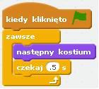 Gotowy skrypt Pingwina wygląda tak: Tempo poruszania się pingwina można ustawić teraz lub dopiero po wybraniu muzyki. Sprawdzamy czy uczniom udało się wykonać zadanie. 4.