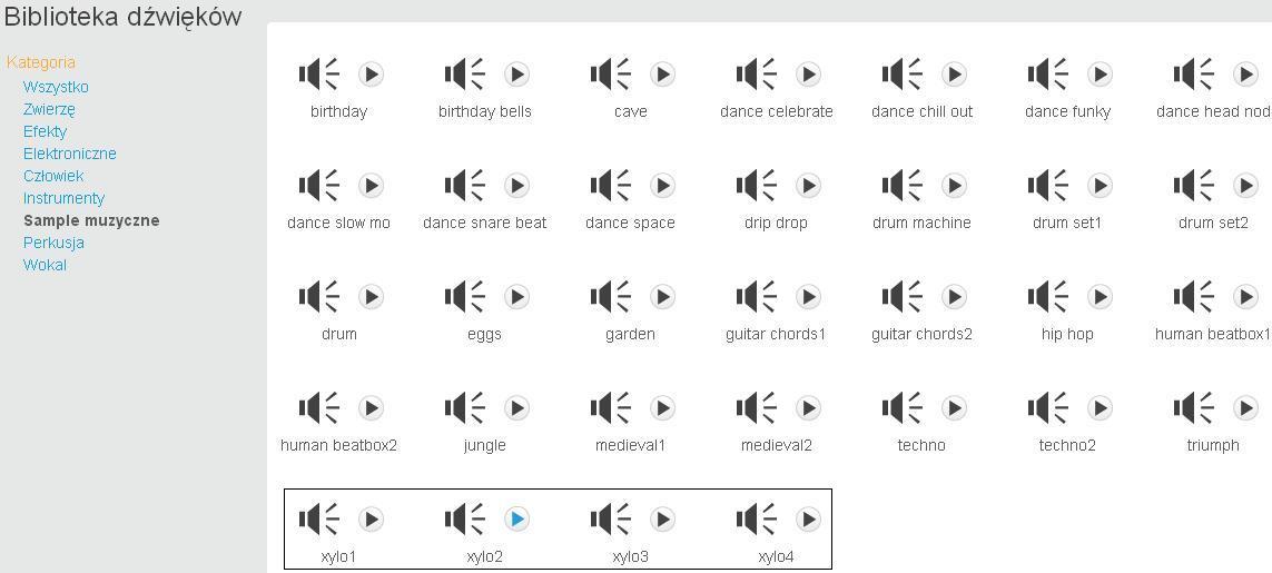 Po otwarciu biblioteki dźwięków sugeruje się wybór jednego z sampli muzycznych.
