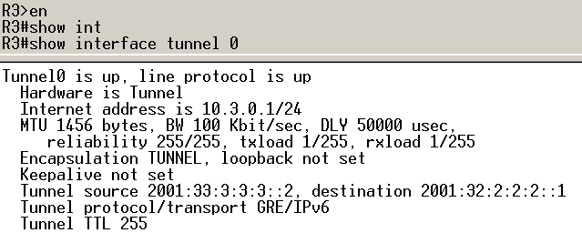 Te same polecenie wpisaliśmy w konsoli routera R3 (show ip interface). Niestety fragment, w którym widać, że Tunnel0 jest up nie zmieściły się na wykonanym przez nas screenie.