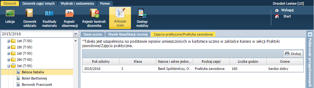 UONET+. Jak dokumentować praktyki zawodowe uczniów? 3/8 Rysunek 2. Moduł Dziennik karta Kariera kartoteki ucznia Oglądanie zapisów dotyczących praktyk zawodowych w arkuszu ocen ucznia 1.