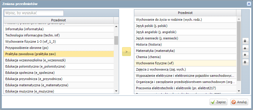 UONET+. Jak dokumentować praktyki zawodowe uczniów? 5/8 4. W oknie Edycja listy przedmiotów i nauczycieli kliknij przycisk Zmiana przedmiotów. 5. W oknie Zmiana przedmiotów dodaj na listę po prawej stronie przedmiot praktyka zawodowa i kliknij przycisk Zapisz.