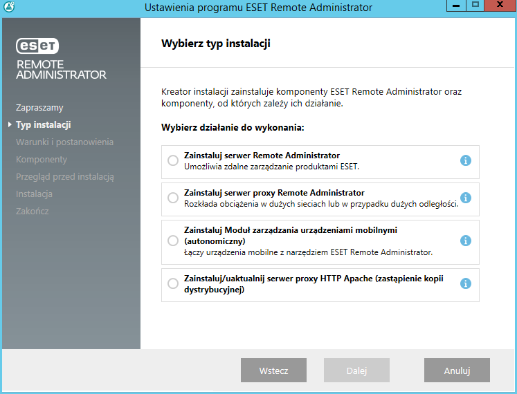 3. Wybierz opcję Zainstaluj serwer Remote Administrator i kliknij opcję Dalej. W razie potrzeby przed kontynuowaniem zmień ustawienia języka w menu rozwijanym Język. 4.