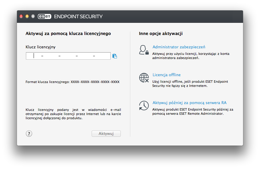 4. Aktywacja produktu Po zakończeniu instalacji zostanie wyświetlony monit o aktywowanie produktu. Dostępnych jest kilka metod aktywacji.