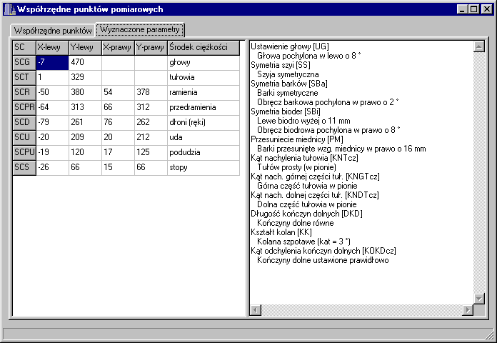 Rys. 7. Lista zarejestrowanych punktów. Kolejna zakładka przedstawia wyznaczone parametry (rys. 8). Składa się ona z dwu części, których proporcje można zmieniać przy pomocy suwaka.