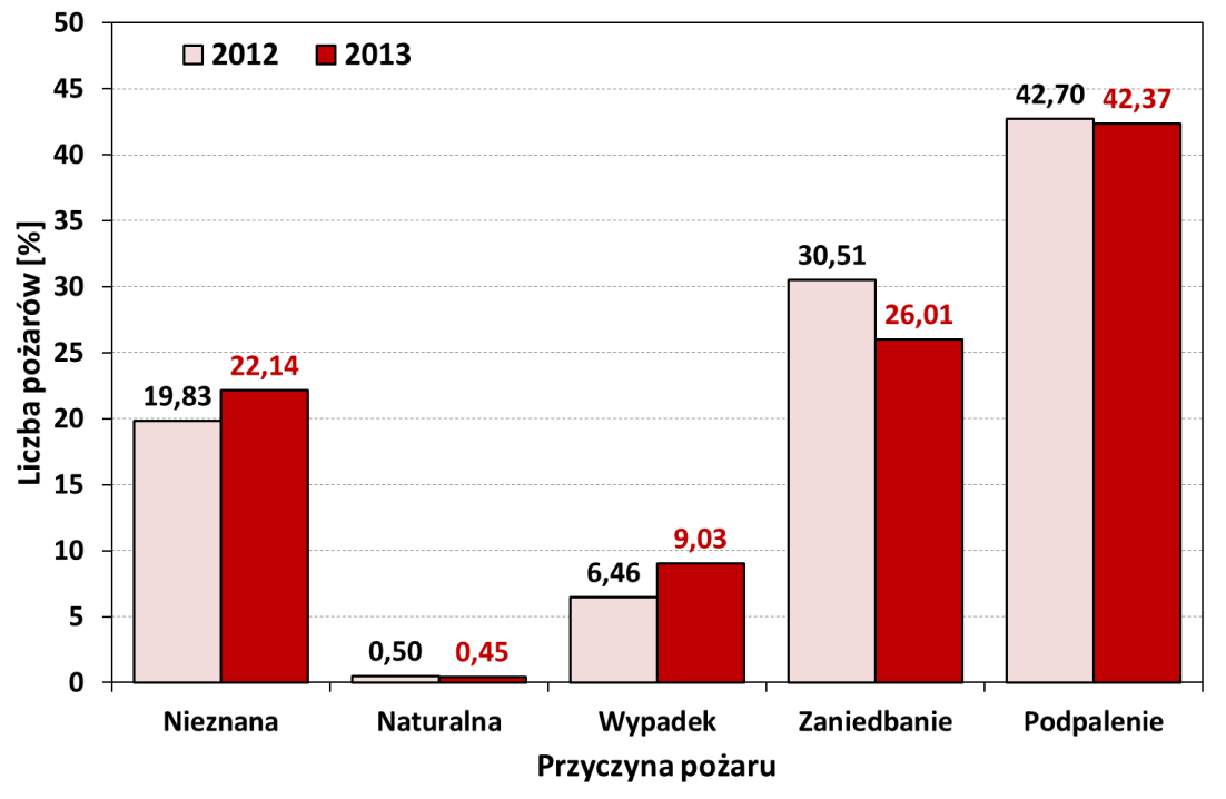 Rycina 12. Rozkład liczby pożarów według przyczyny ich powstawania w Polsce w latach 212-213 5.