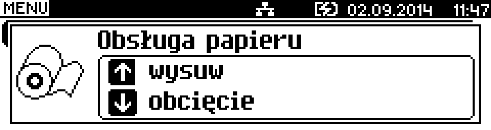 3 Wysunąć końcówkę papieru 4 Zamknąć pokrywę kasy Po zamknięciu pokrywy wyświetlane jest okno do obsługi papieru Naciskając następuje wysuw papieru do chwili puszczenia klawisza Naciskając następuje