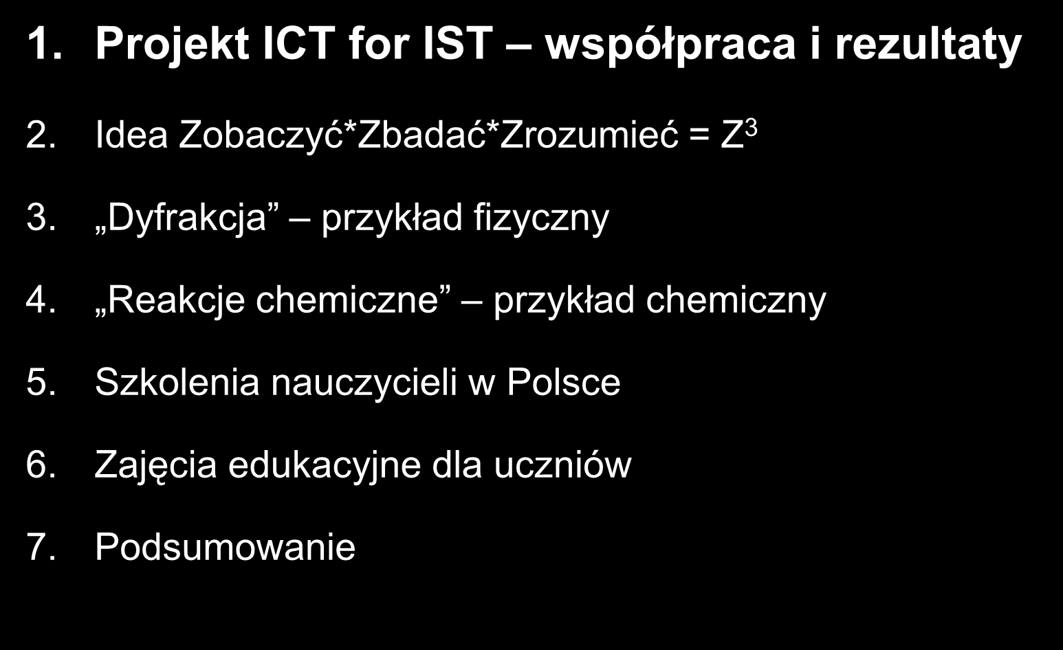 1. Projekt ICT for IST współpraca i rezultaty 2. Idea Zobaczyć*Zbadać*Zrozumieć = Z 3 3. Dyfrakcja przykład fizyczny 4.