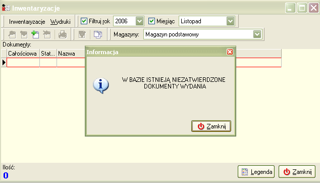 Wszystkie dokumenty magazynowe muszą byd zatwierdzone, dlatego przed rozpoczęciem inwentaryzacji należy zaległe (odłożone) dokumenty zatwierdzid lub usunąd.